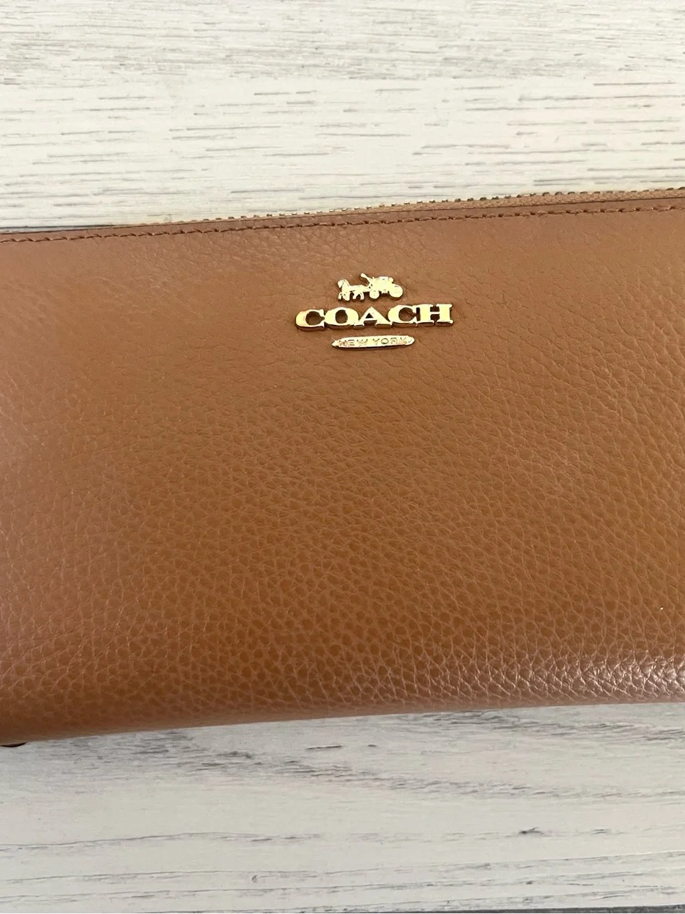 Coach Tan Pebbled Leather Zip Wallet with Gold Logo